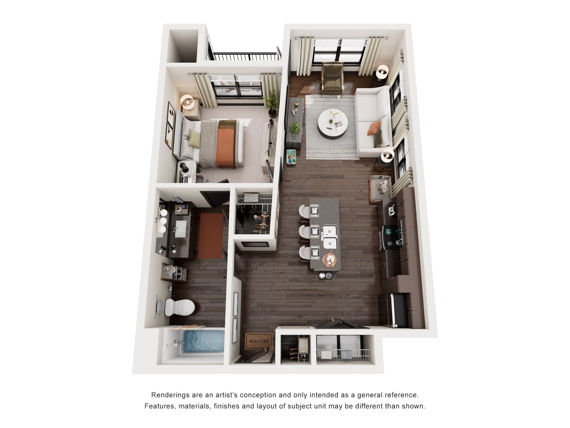 Floor plan for 1 bed, 1 bath, 661 sqft